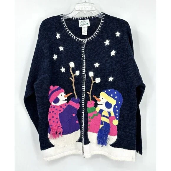 QUACKER FACTORY cardigan sweater snowmen winter smores embellished quirky XL - Picture 2 of 8